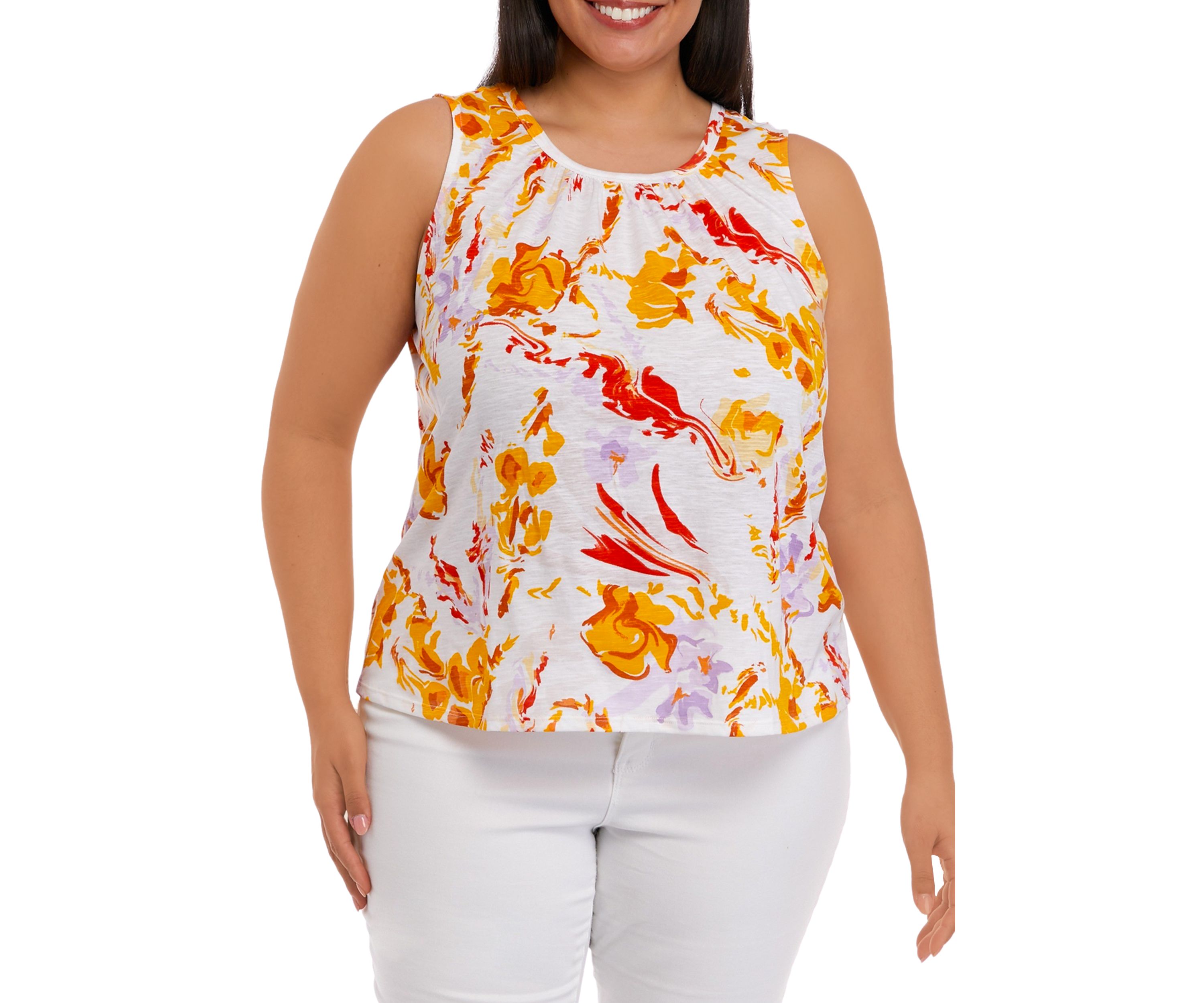 Plus Size Sleeveless Shirred Printed Tank Top