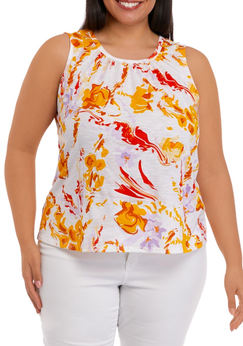 Plus Size Sleeveless Shirred Printed Tank Top