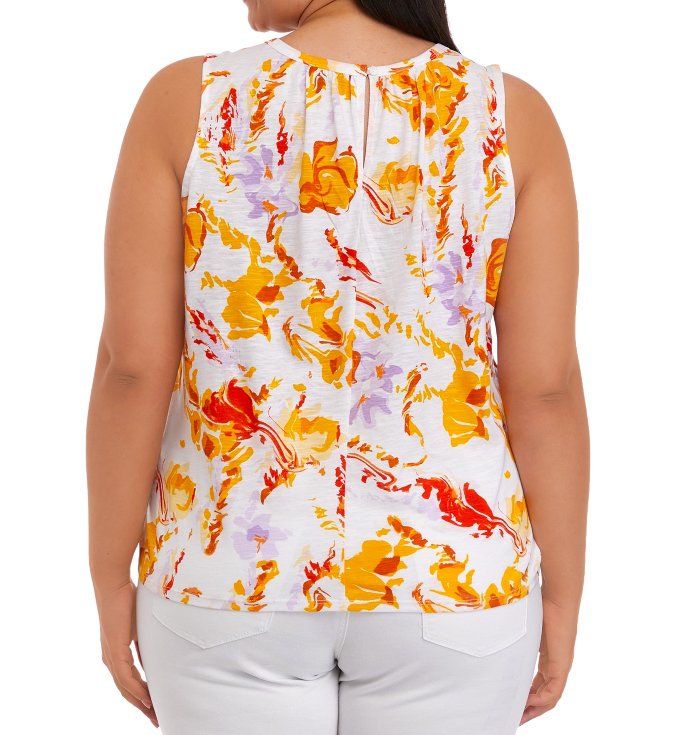 Plus Size Sleeveless Shirred Printed Tank Top