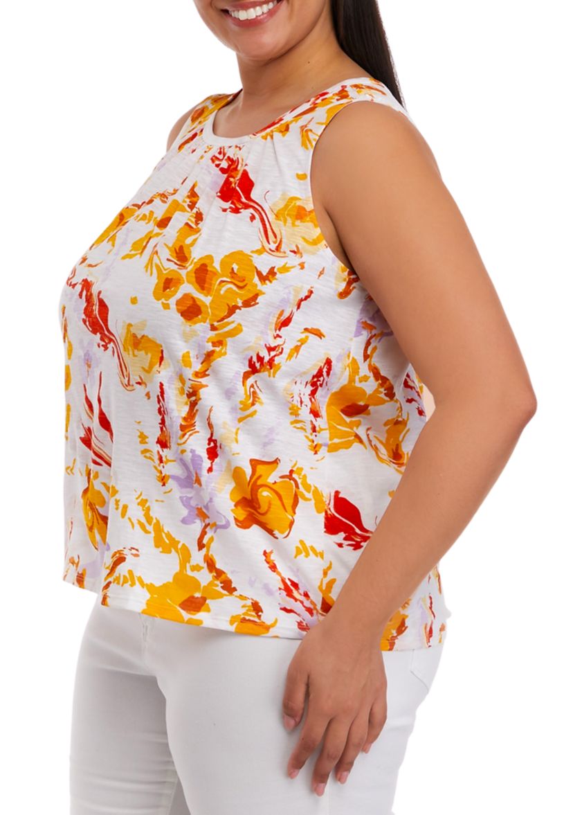 Plus Size Sleeveless Shirred Printed Tank Top