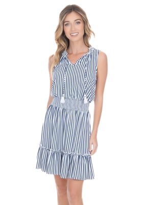 Navy Stripe Smocked Waist Dress - UPF 50