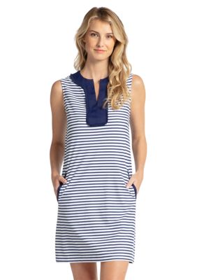 Women's Navy Stripe Sleeveless Fringe Tunic Dress