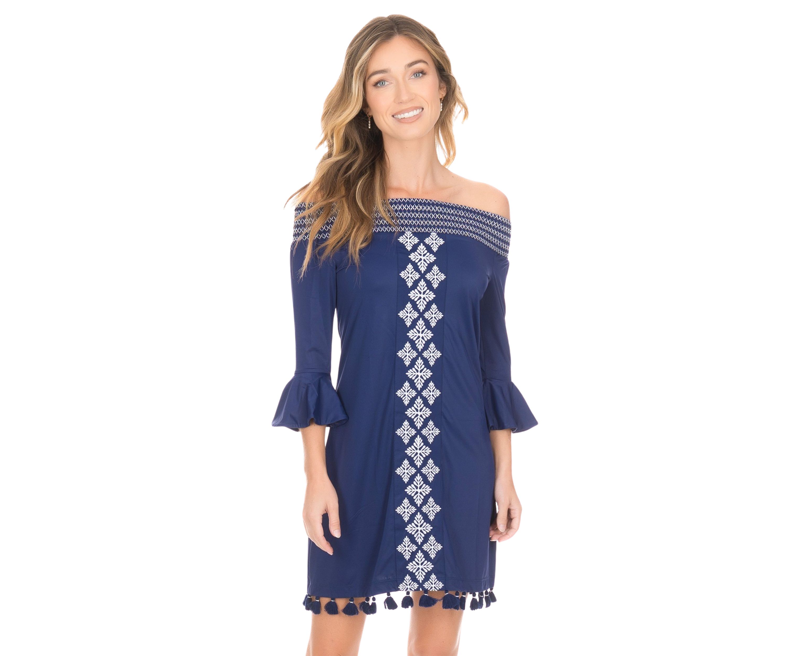 Navy Embroidered Off the Shoulder Dress - UPF 50 
