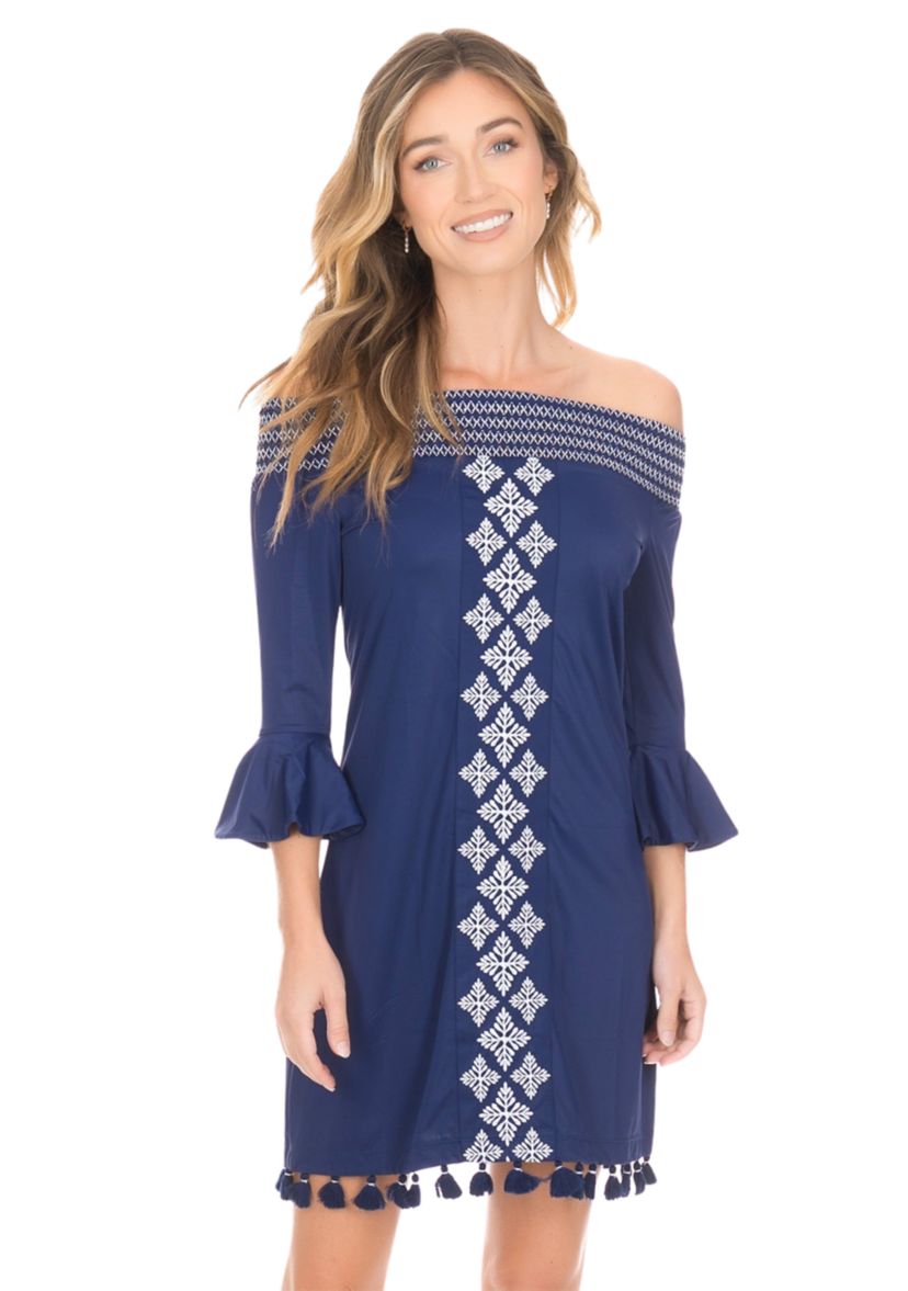  Navy Embroidered Off the Shoulder Dress - UPF 50 