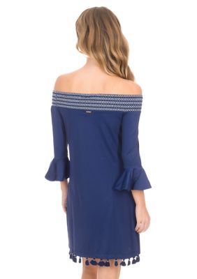 Navy Embroidered Off the Shoulder Dress - UPF 50