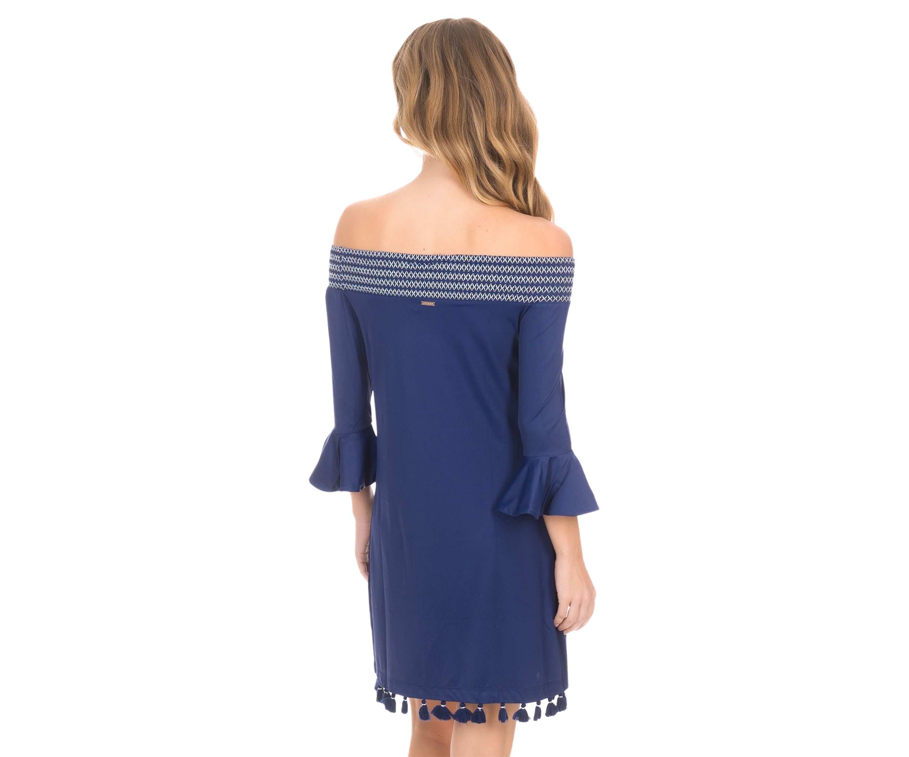  Navy Embroidered Off the Shoulder Dress - UPF 50 