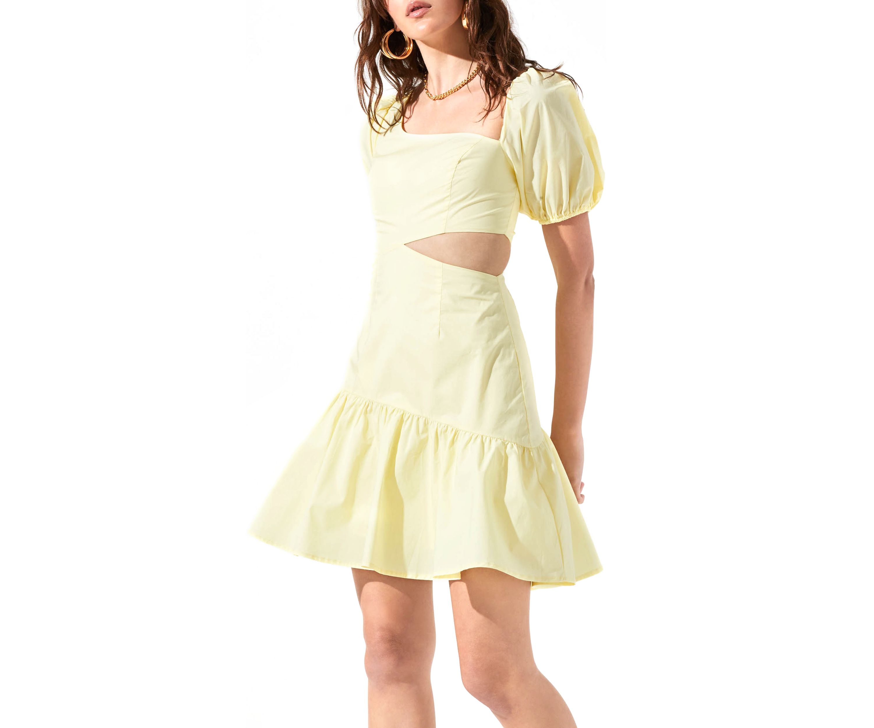Womens Puff Sleeve Flounce Hem Dress