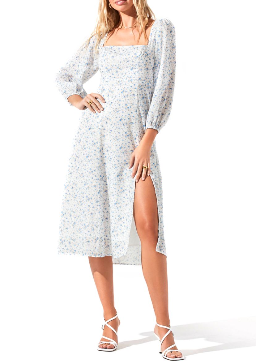 Womens Blouson Sleeve Square Neck Floral Midi Dress