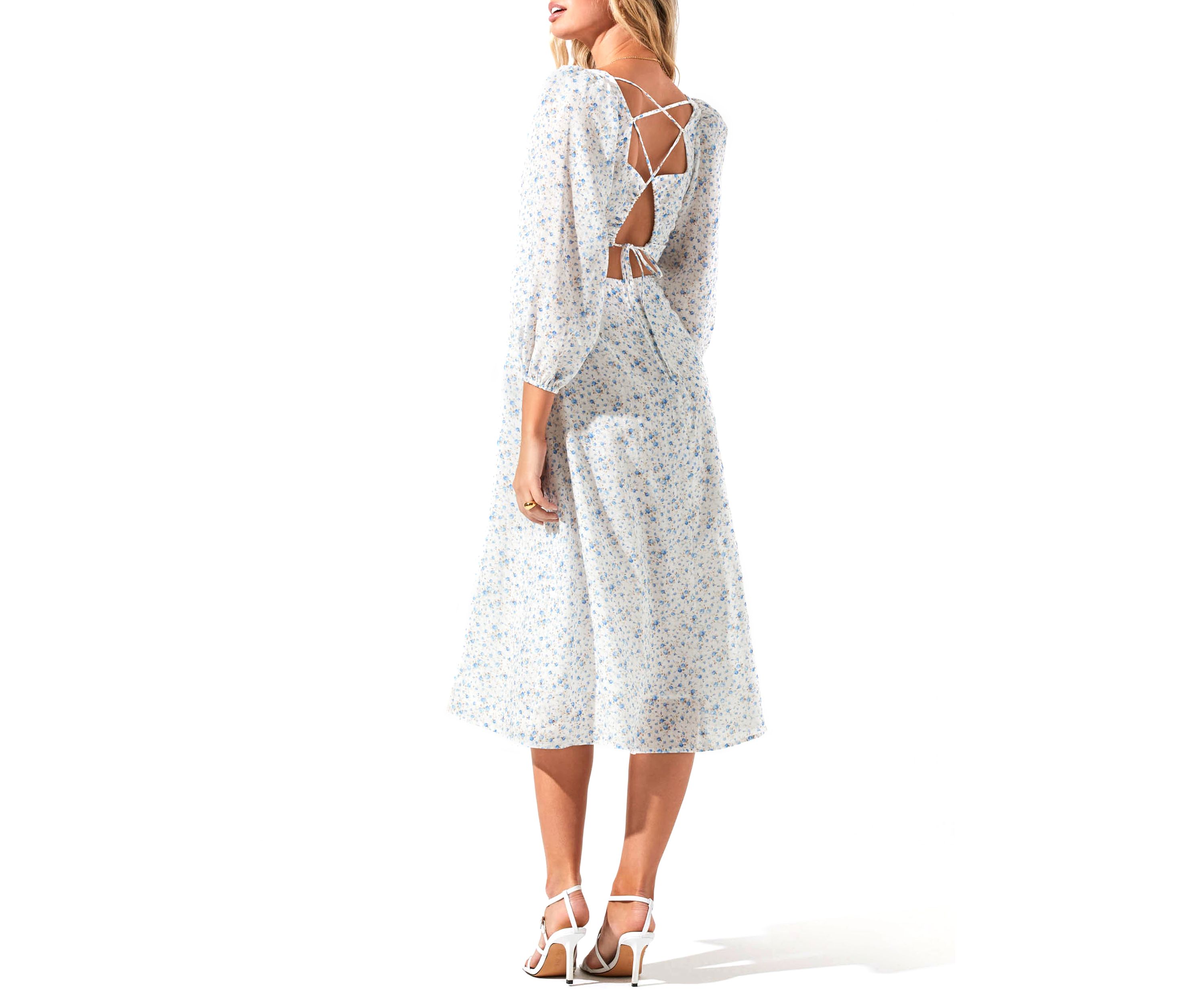 Womens Blouson Sleeve Square Neck Floral Midi Dress