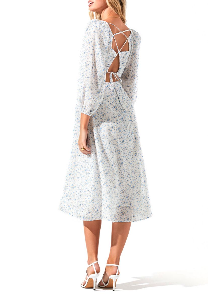 Womens Blouson Sleeve Square Neck Floral Midi Dress