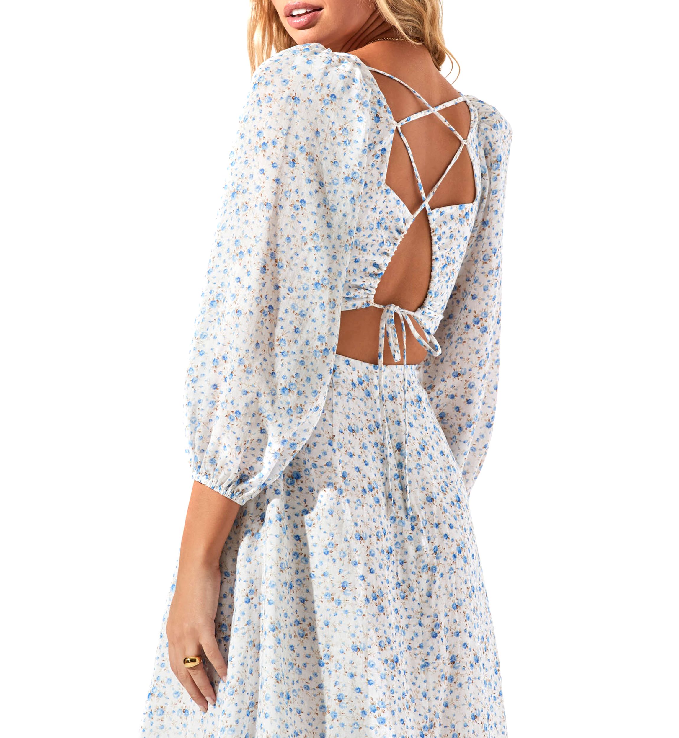 Womens Blouson Sleeve Square Neck Floral Midi Dress