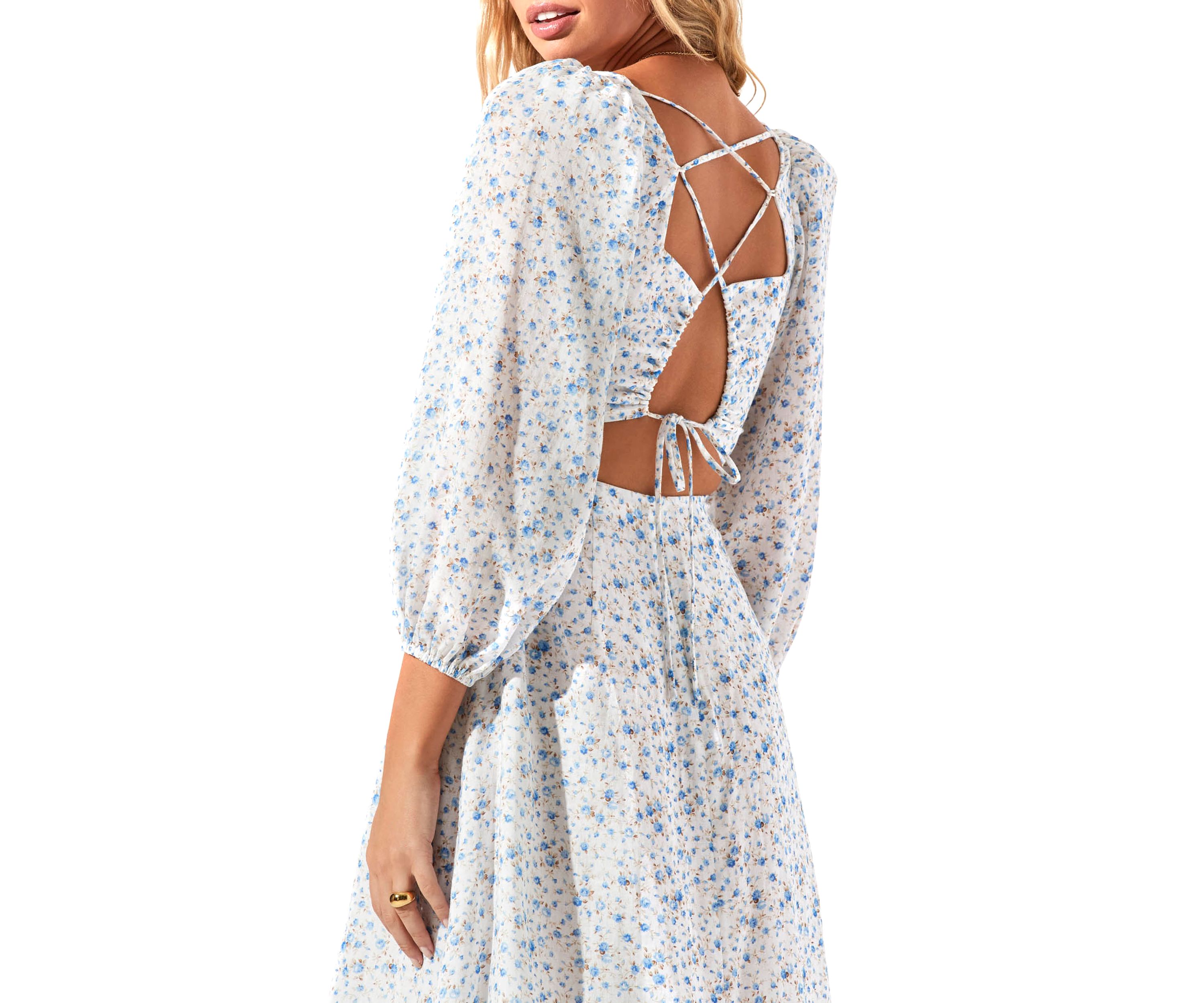 Womens Blouson Sleeve Square Neck Floral Midi Dress