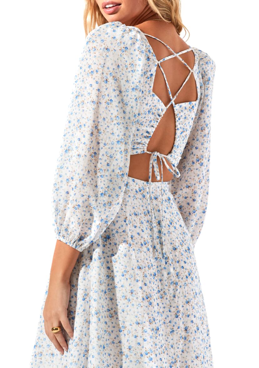 Womens Blouson Sleeve Square Neck Floral Midi Dress
