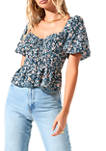 Womens Puff Sleeve Floral Sweetheart Neck Top
