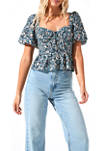 Womens Puff Sleeve Floral Sweetheart Neck Top