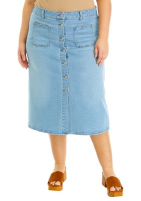 Plus Button Front Denim Skirt