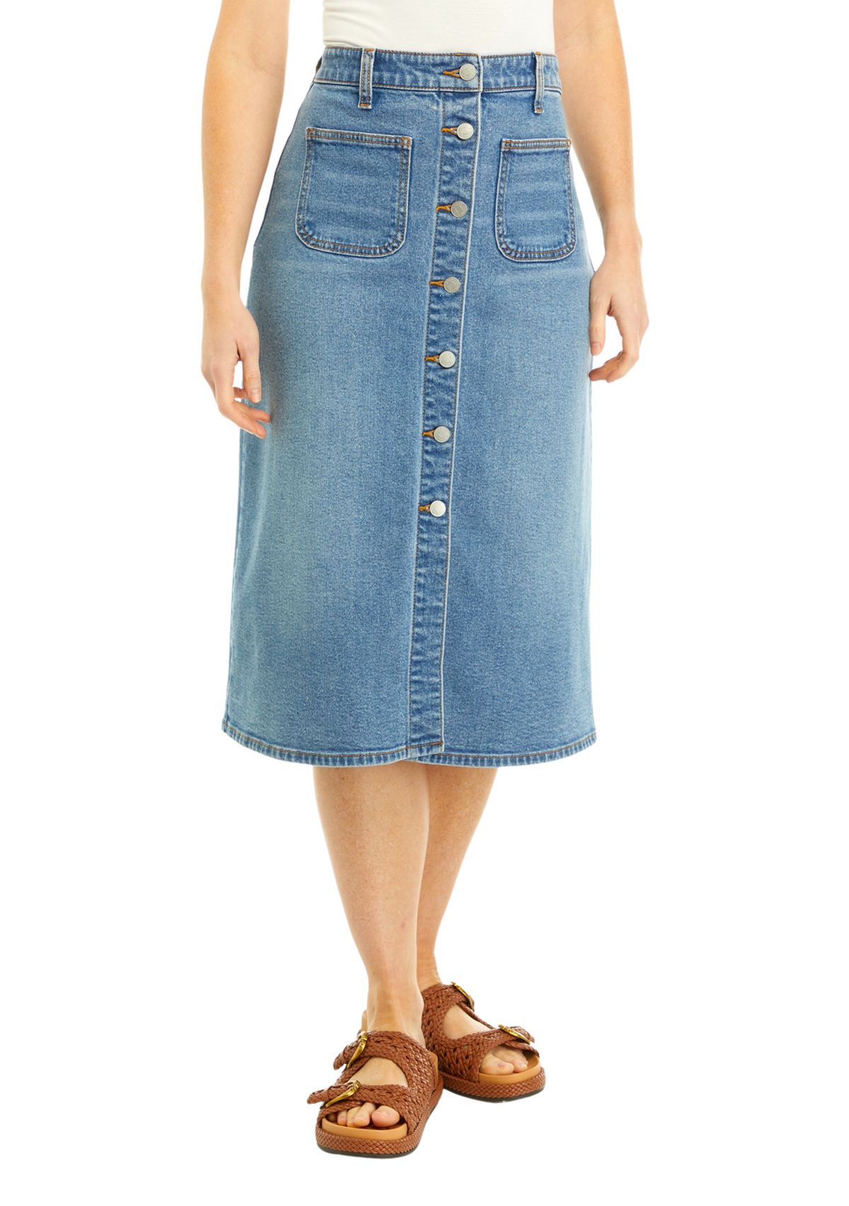 Womens Button Front Denim Skirt 