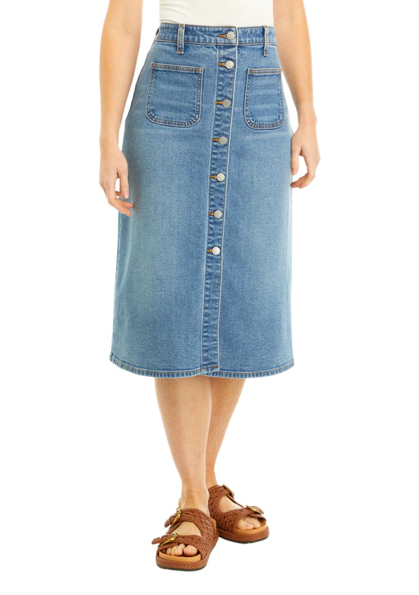 Womens Button Front Denim Skirt 