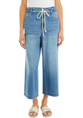 Women's Tie Waist Wide Leg Cropped Jeans