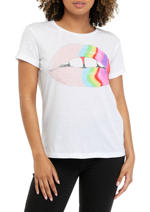 Chaser Womens Short Sleeve Rainbow Lips Graphic T-Shirt
