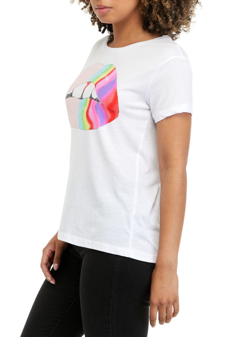 Womens Short Sleeve Rainbow Lips Graphic T-Shirt 