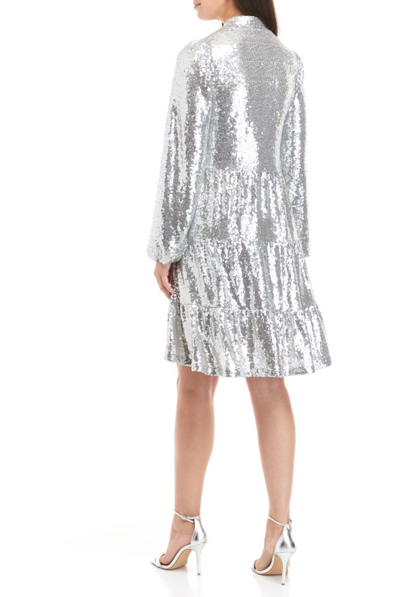 Womens Long Sleeve Sequin Tier Dress