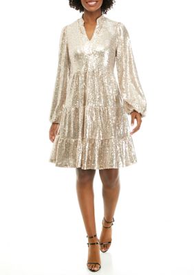 Petite Blouson Sleeve Sequin Tiered Dress