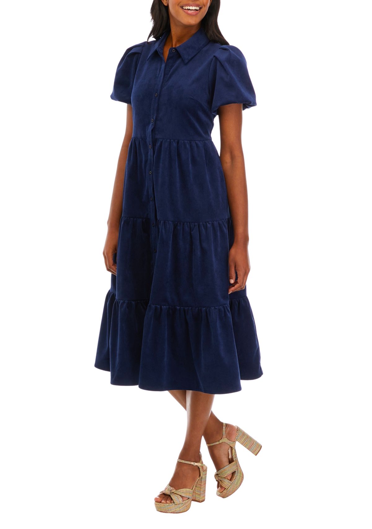 Womens Puff Sleeve Corduroy Dress