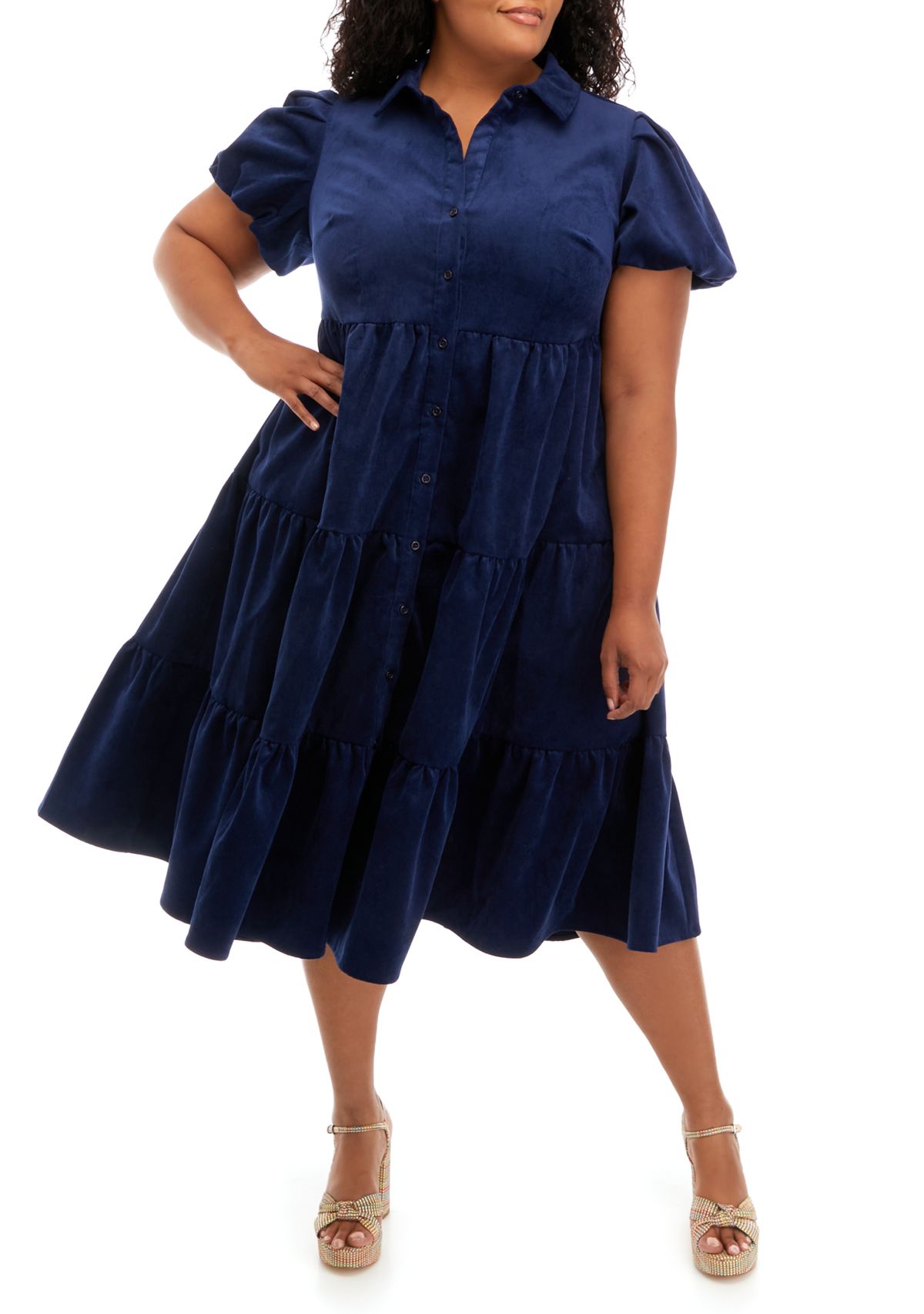 Plus Size Puff Sleeve Corduroy Dress