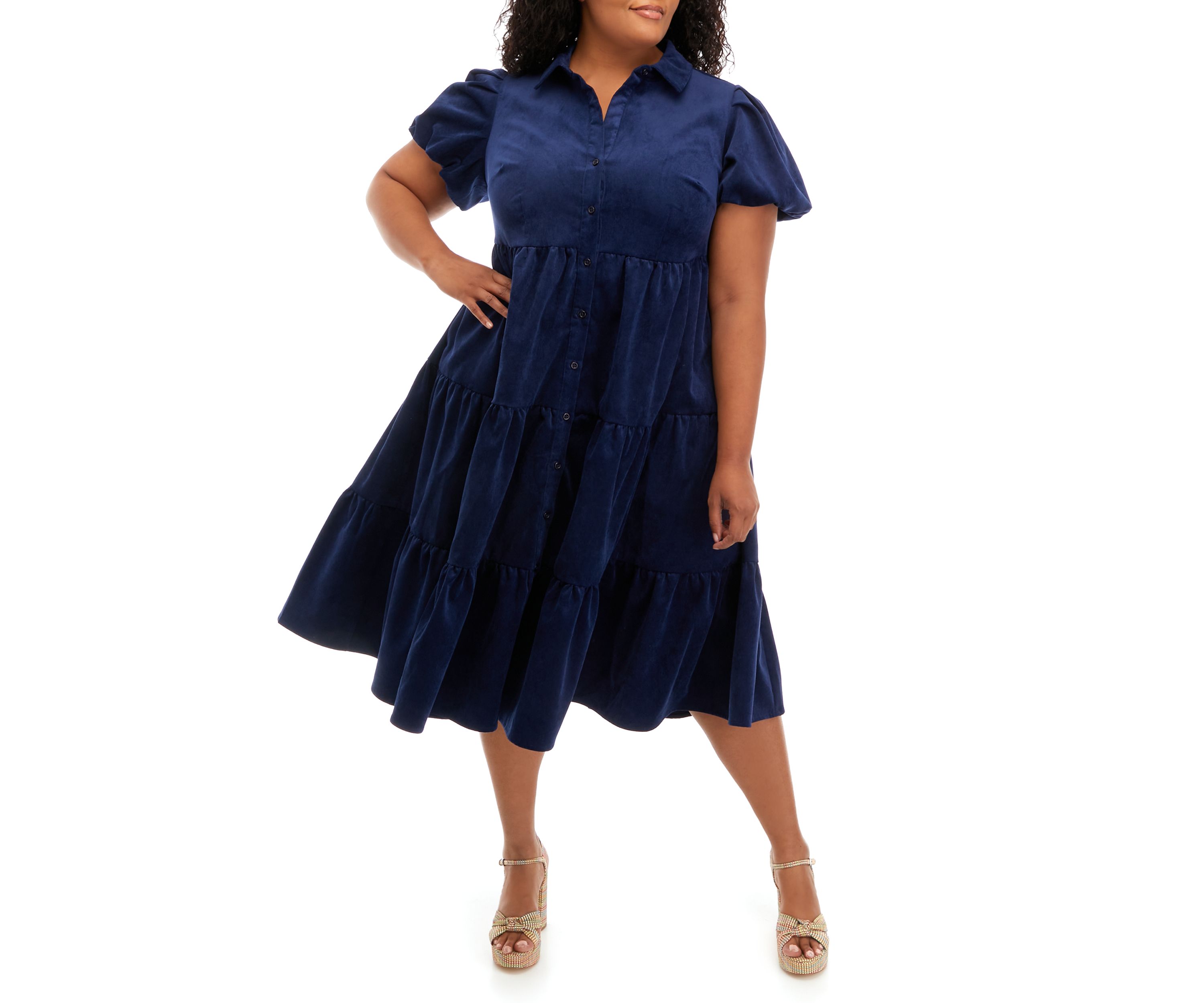 Plus Size Puff Sleeve Corduroy Dress