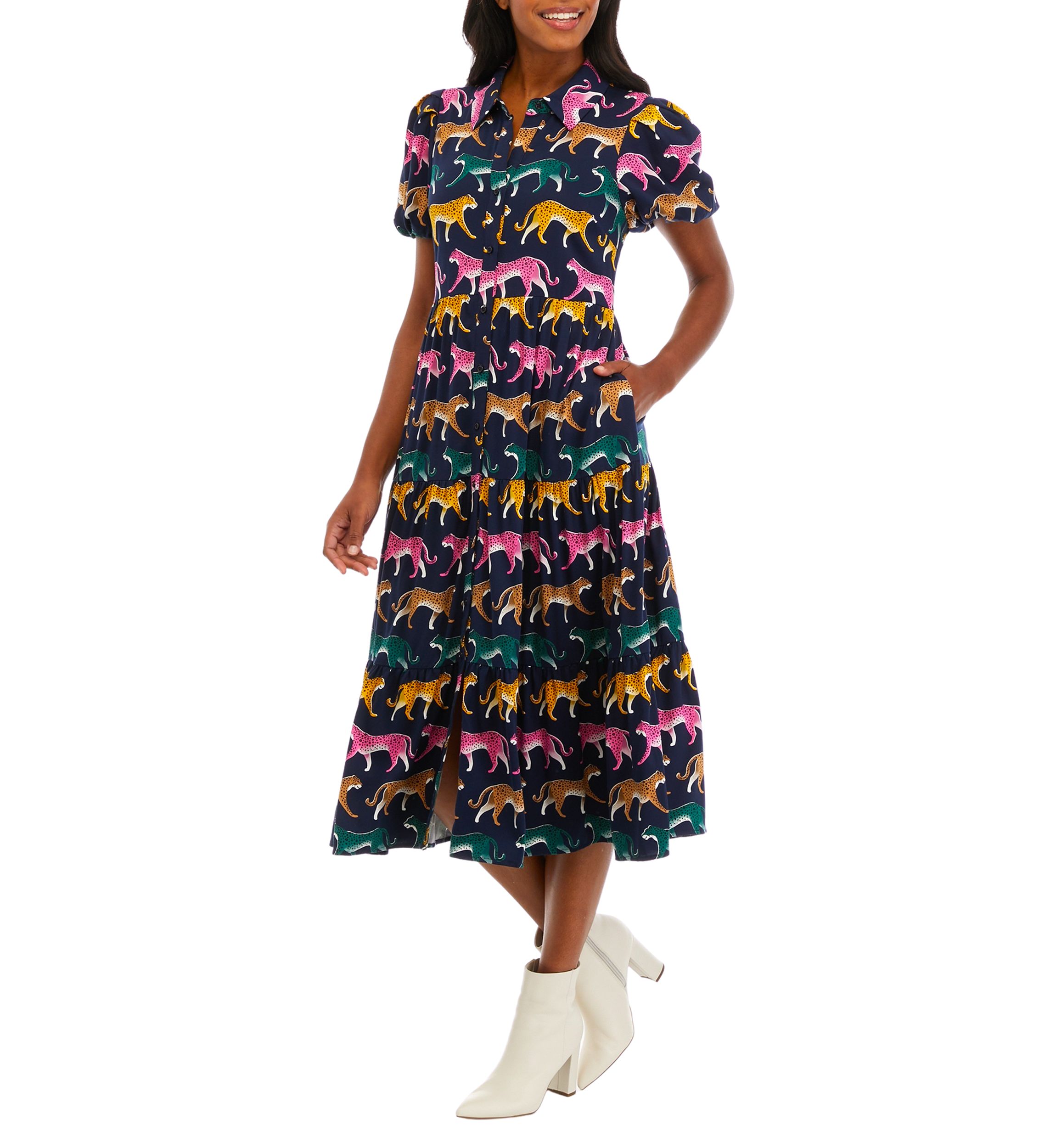 Womens Puff Sleeve Challis Dress