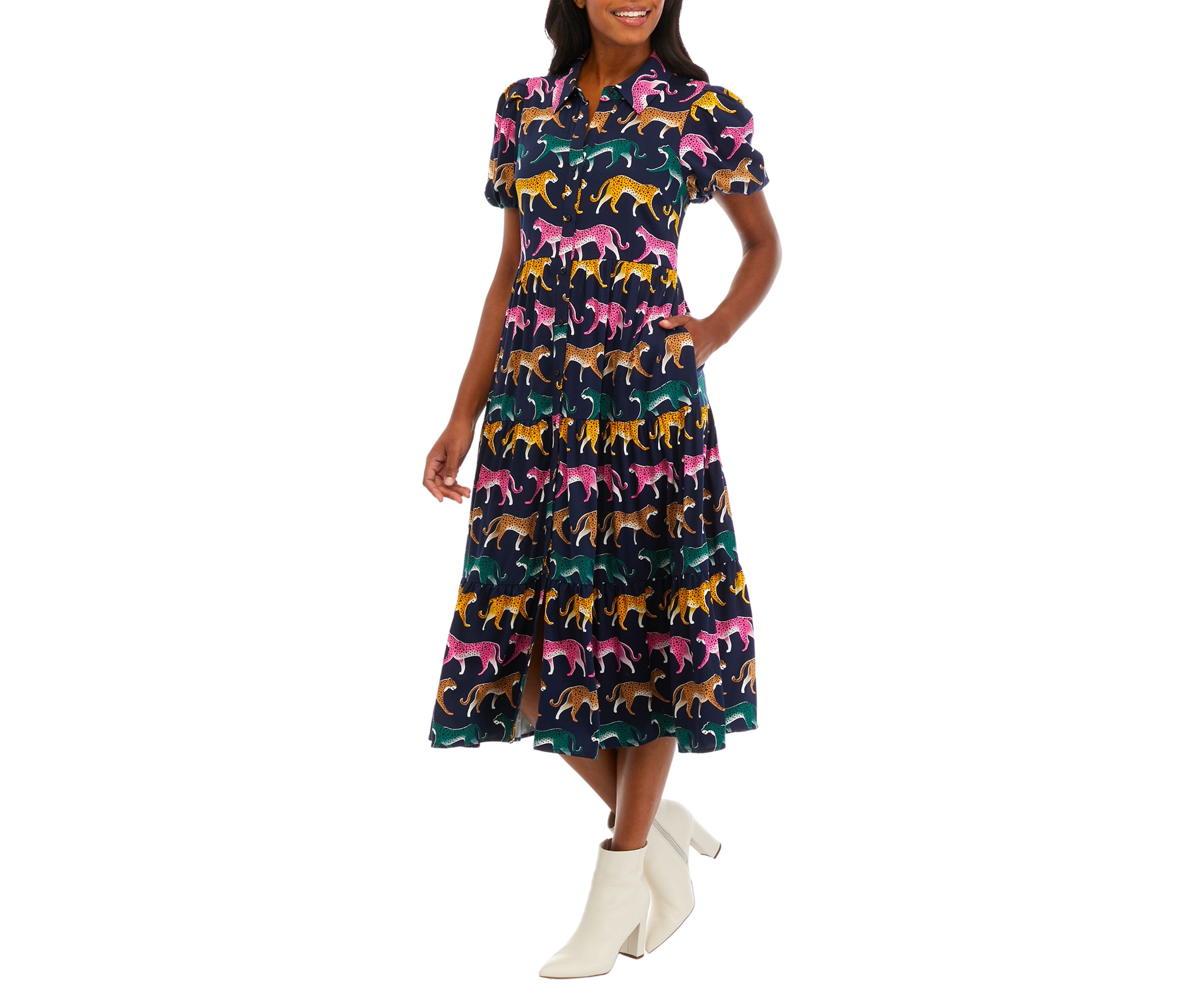Womens Puff Sleeve Challis Dress