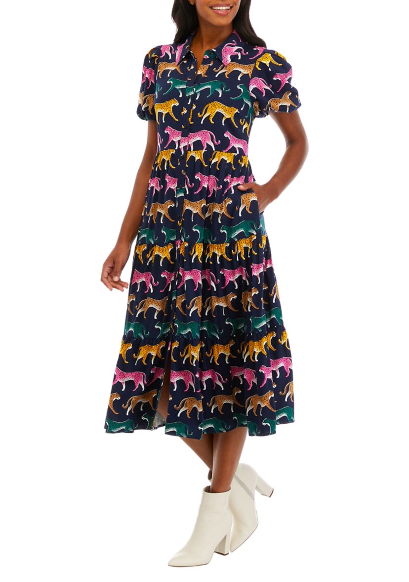 Womens Puff Sleeve Challis Dress
