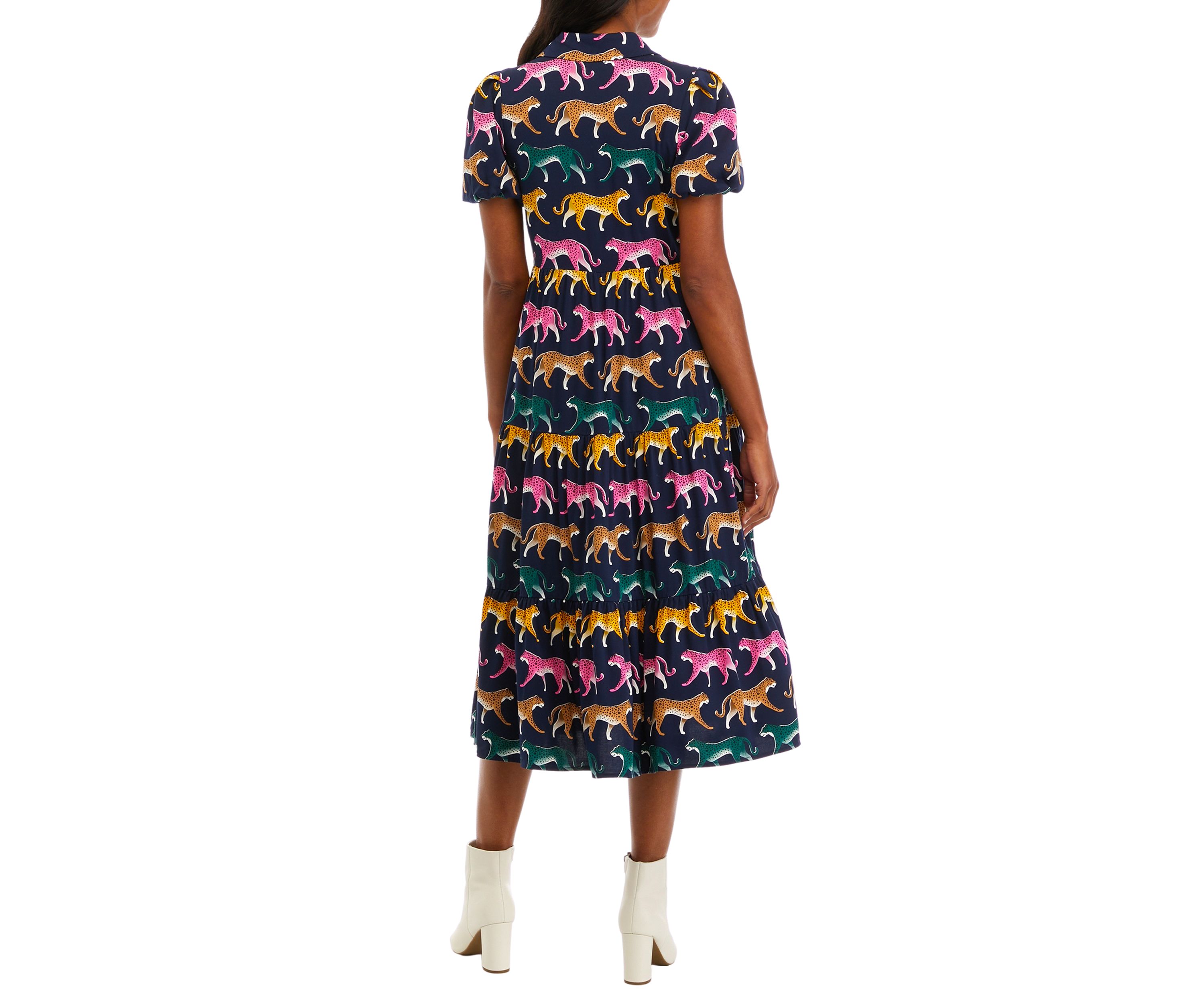 Womens Puff Sleeve Challis Dress