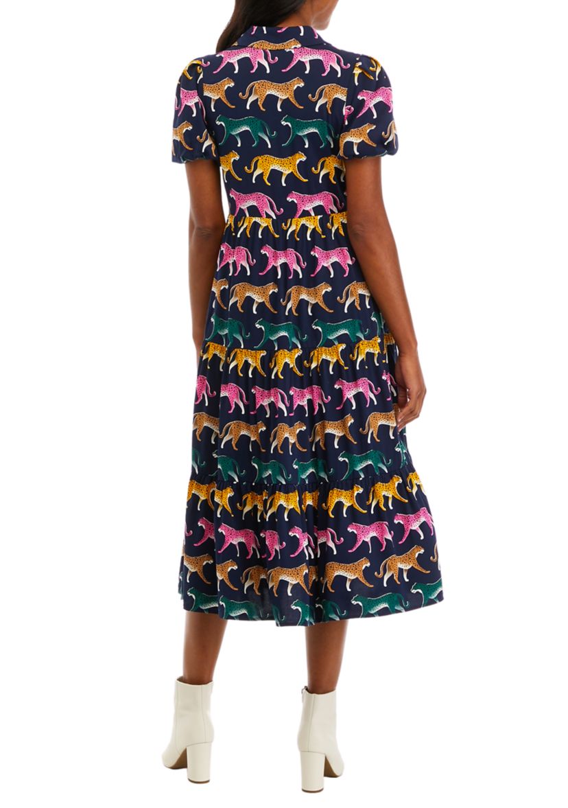 Womens Puff Sleeve Challis Dress
