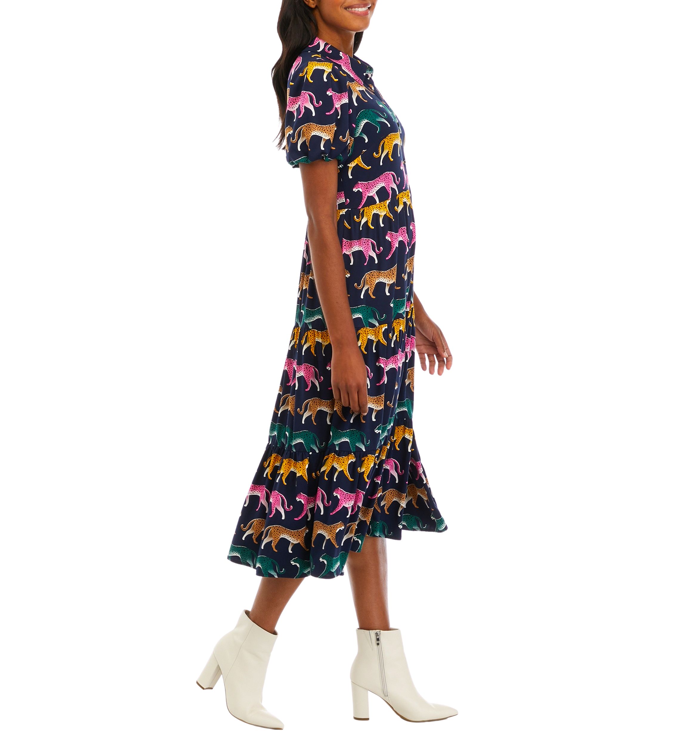 Womens Puff Sleeve Challis Dress