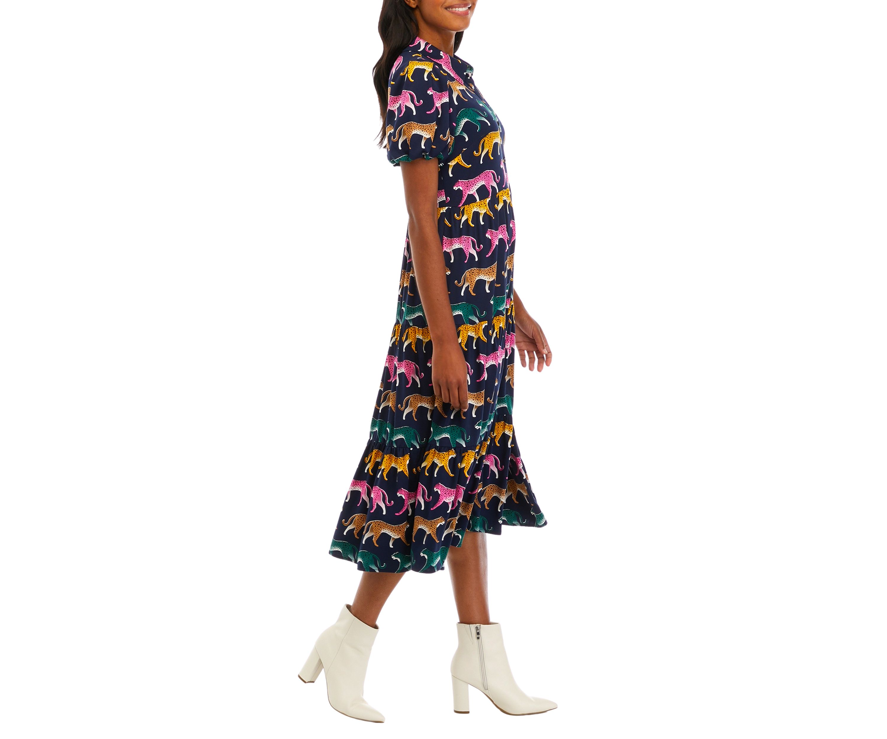 Womens Puff Sleeve Challis Dress