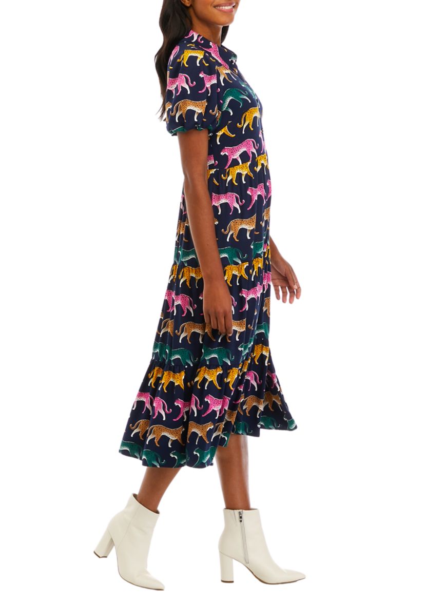 Womens Puff Sleeve Challis Dress