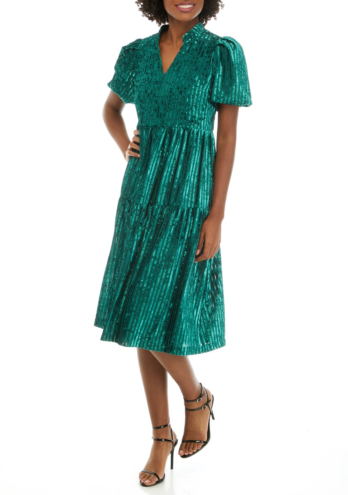 Womens Tiered Velvet Strip Lurex Dress