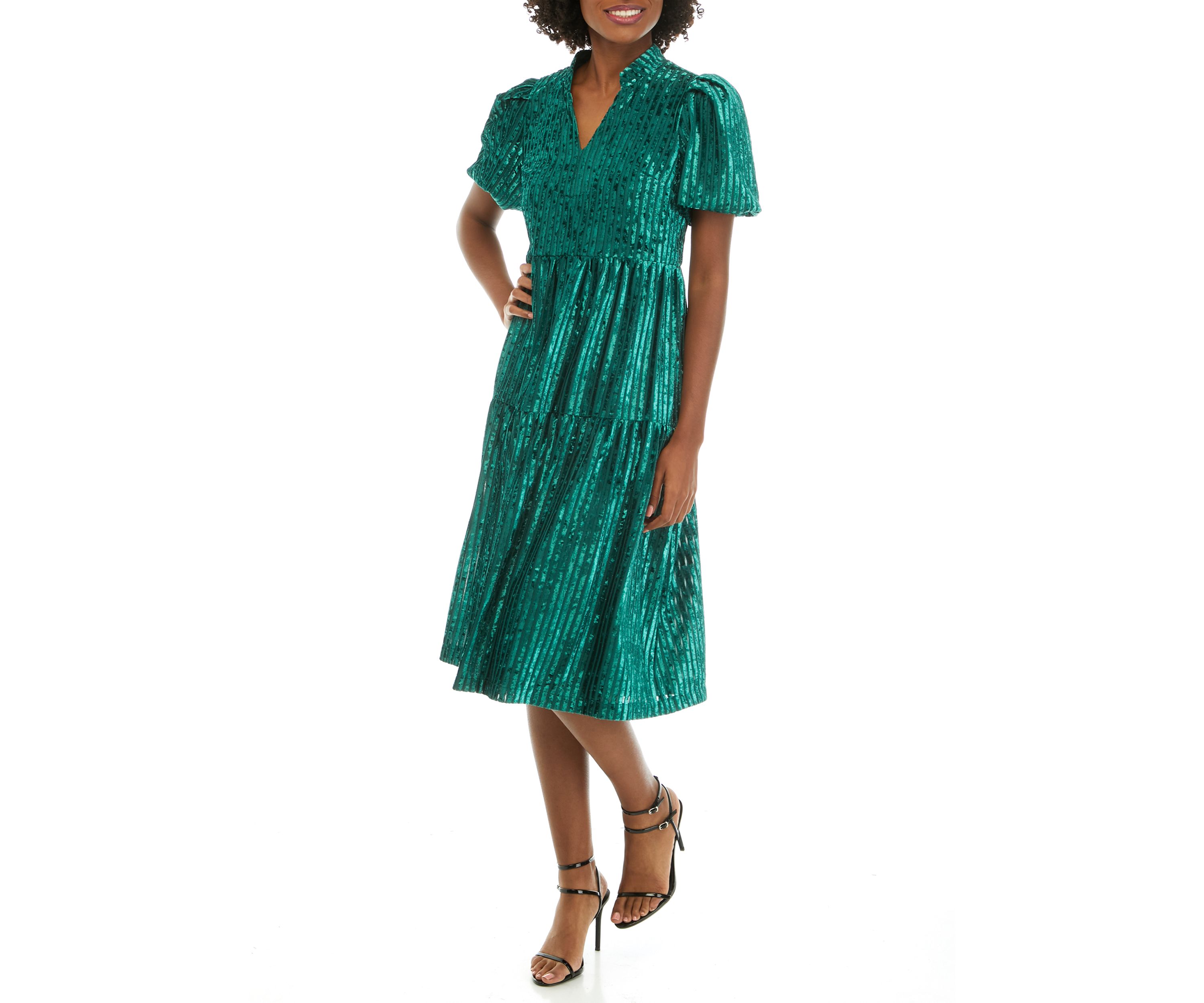 Womens Tiered Velvet Strip Lurex Dress