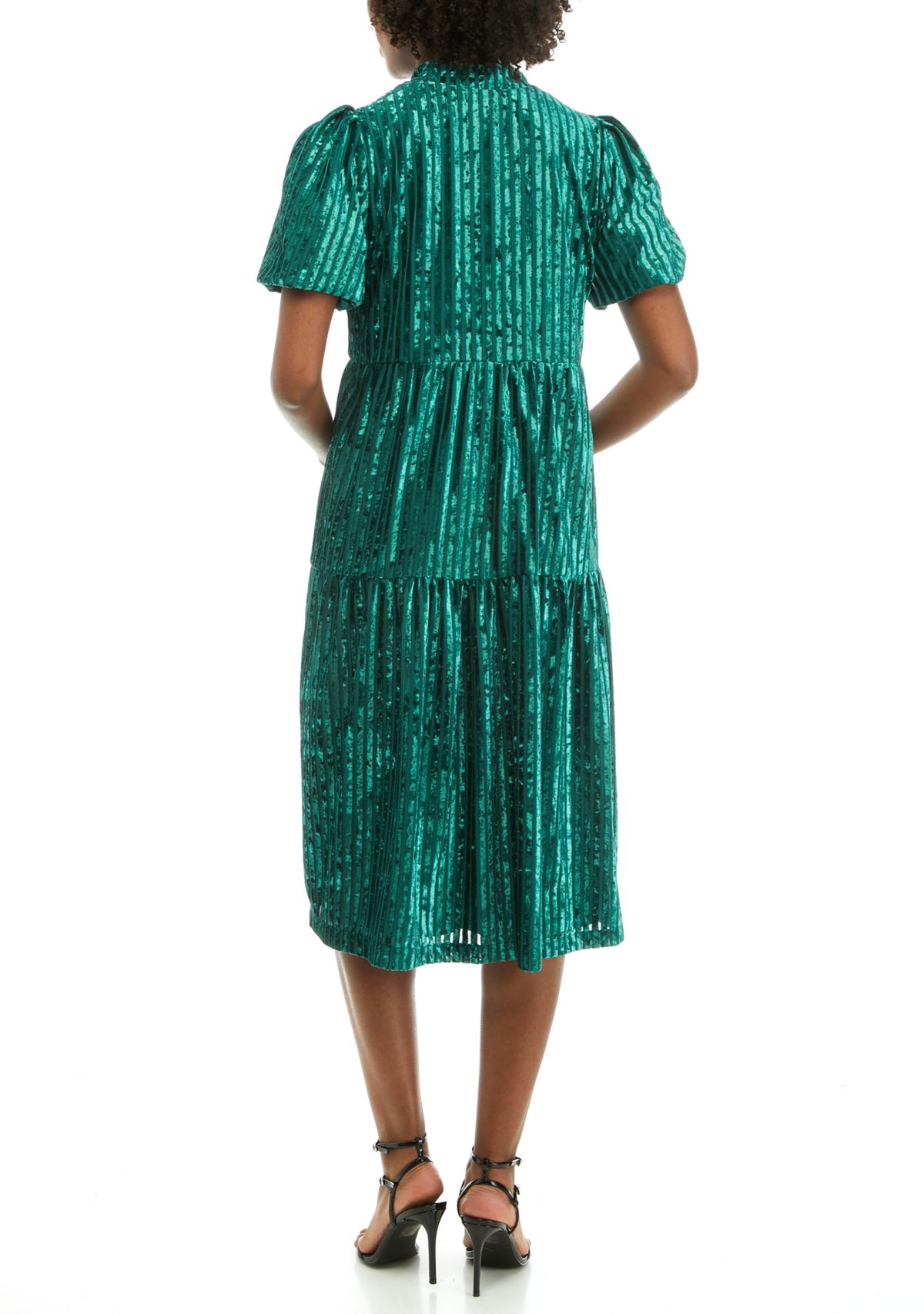 Womens Tiered Velvet Strip Lurex Dress