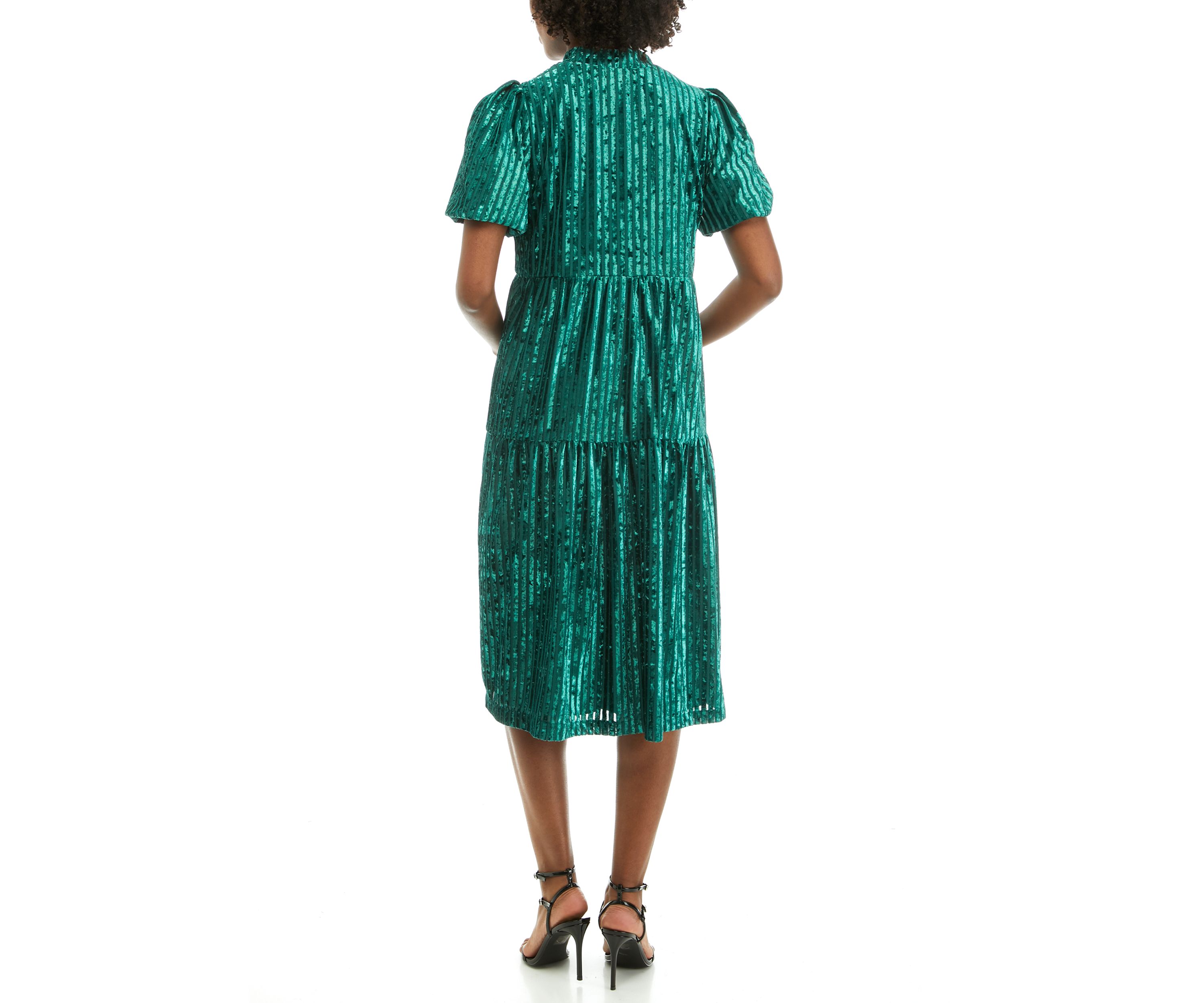 Womens Tiered Velvet Strip Lurex Dress