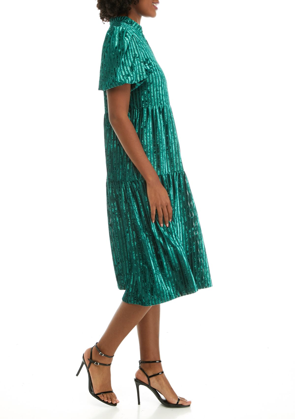 Womens Tiered Velvet Strip Lurex Dress