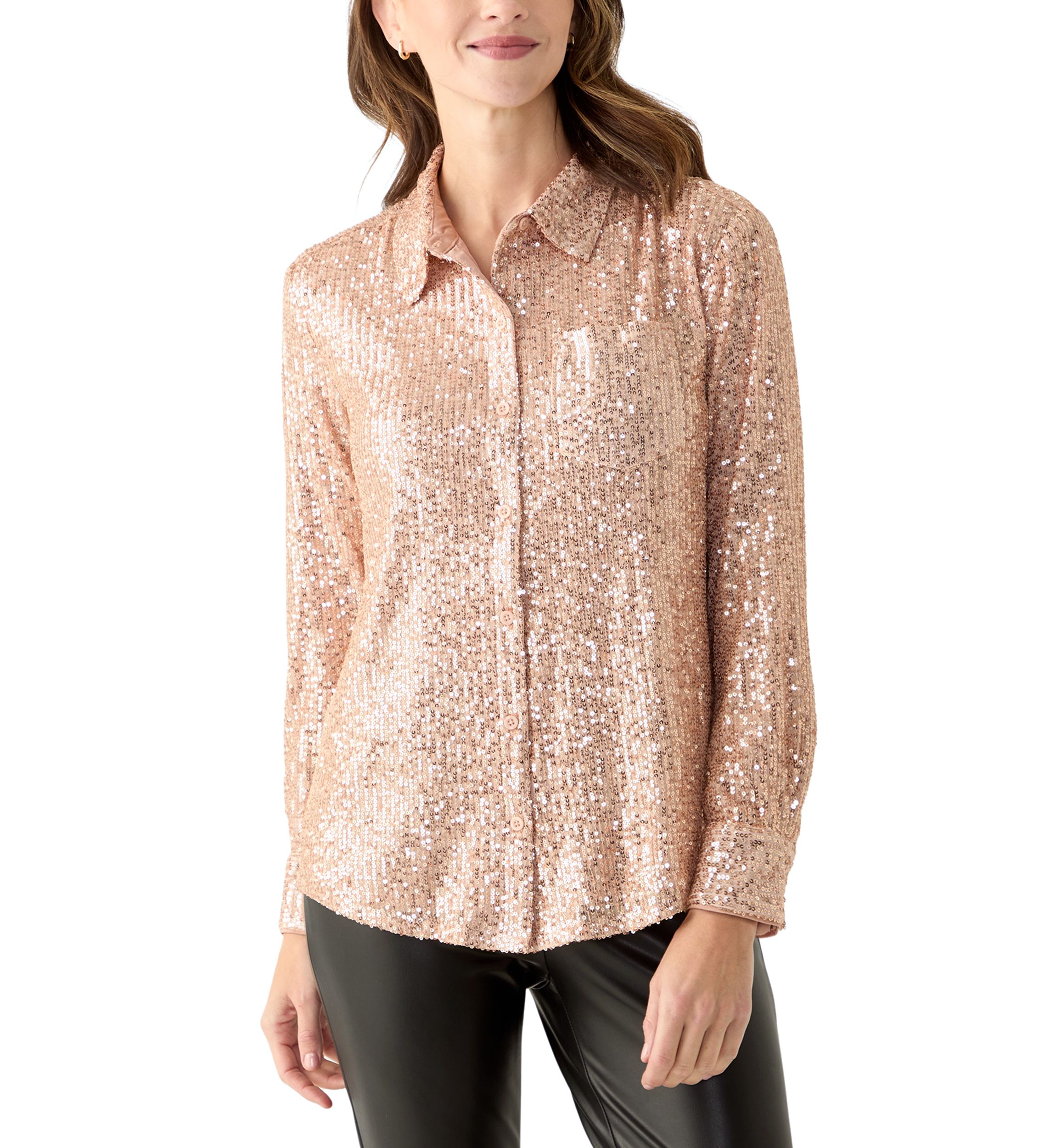Womens Long Sleeve Sequin Boyfriend Shirt