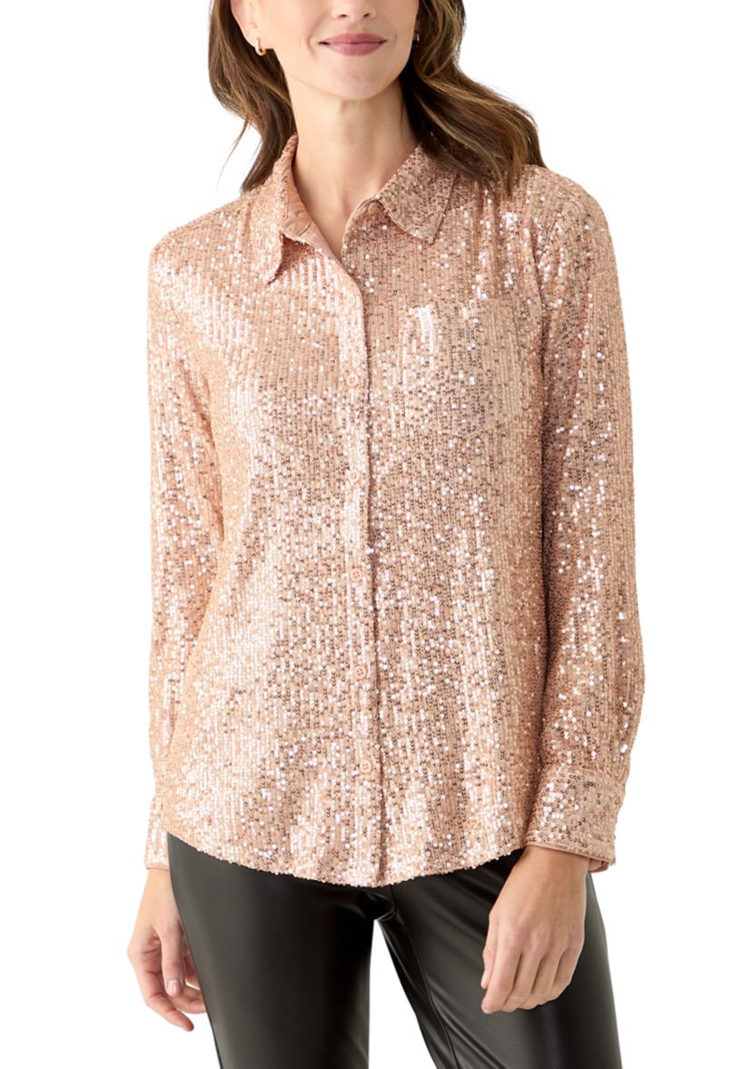 Womens Long Sleeve Sequin Boyfriend Shirt