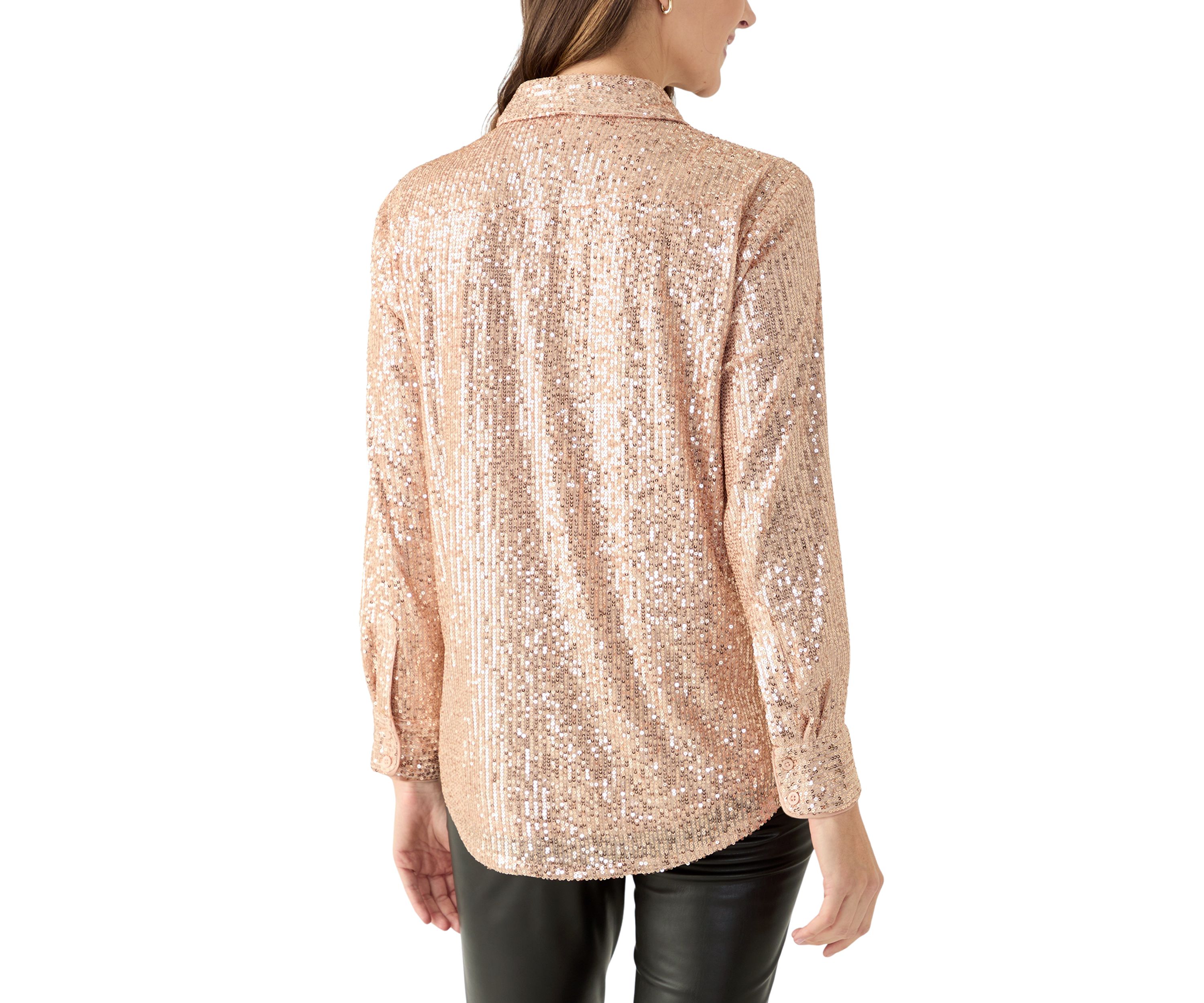Womens Long Sleeve Sequin Boyfriend Shirt