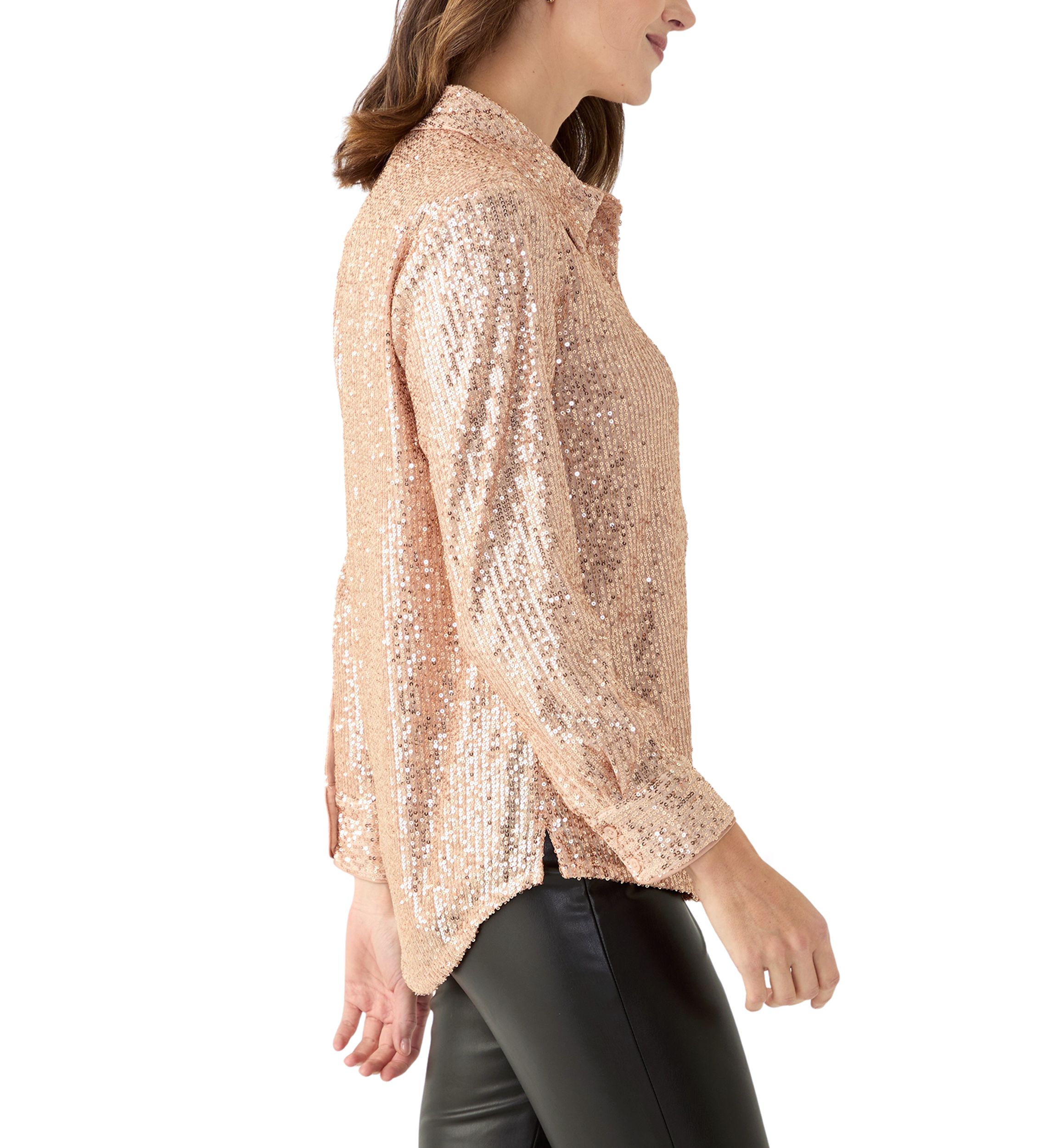 Womens Long Sleeve Sequin Boyfriend Shirt