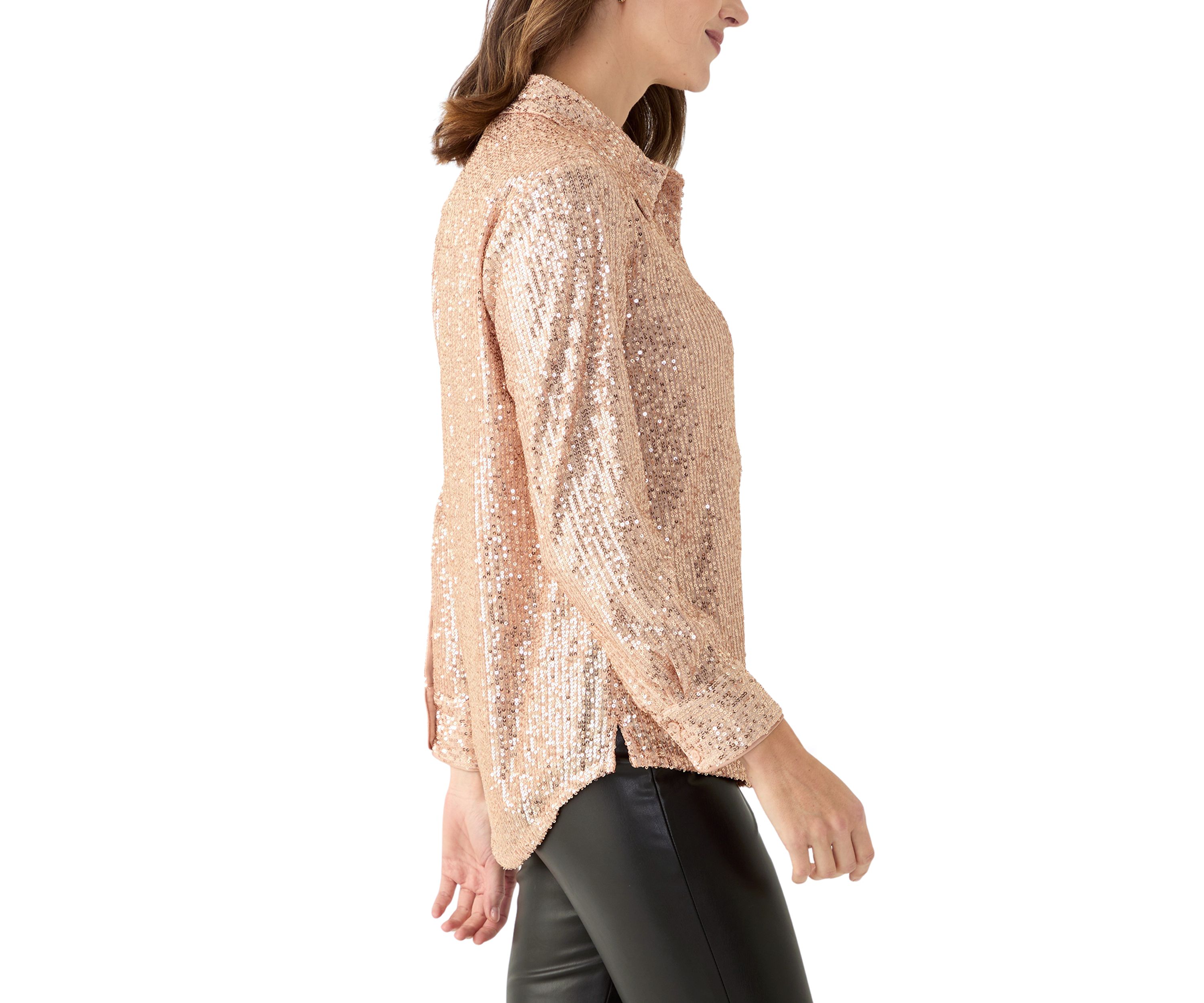 Womens Long Sleeve Sequin Boyfriend Shirt