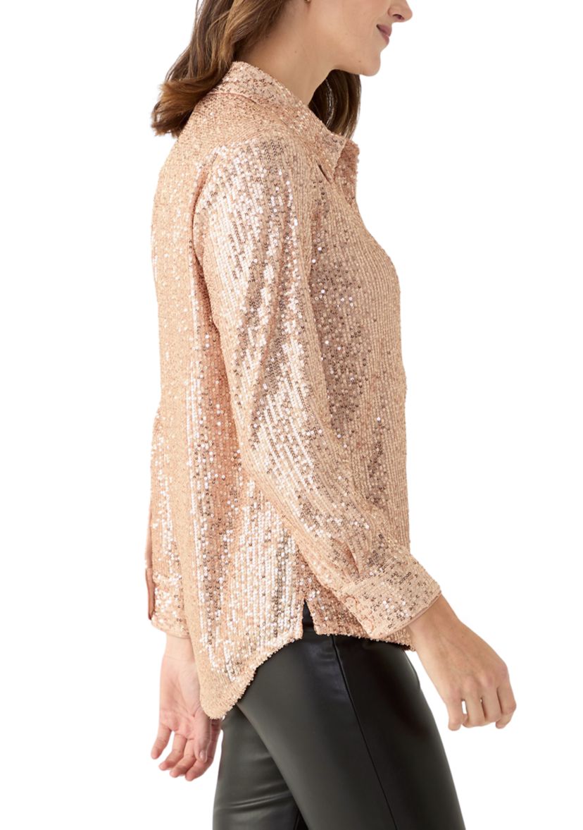 Womens Long Sleeve Sequin Boyfriend Shirt