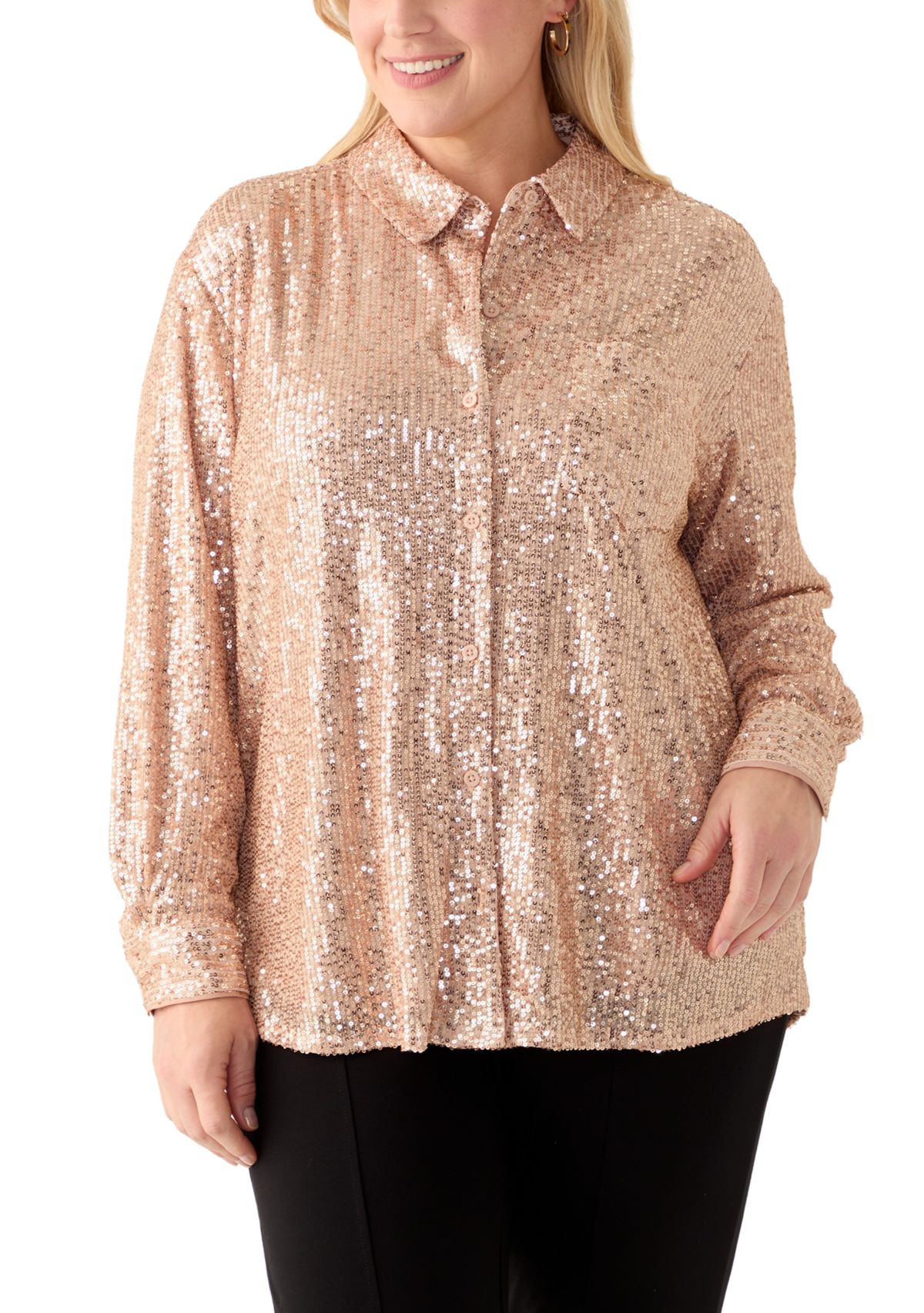 Plus Size Long Sleeve Sequin Boyfriend Shirt